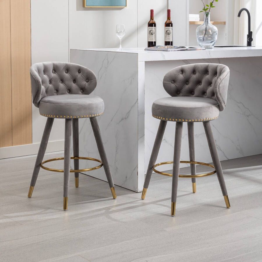 Sweiko 2 sets Fluweel 360° draaiende barkrukken eetkamerstoelen klinknagels ontwerp houten poten huis keukeneiland ontbijtbar restaurant