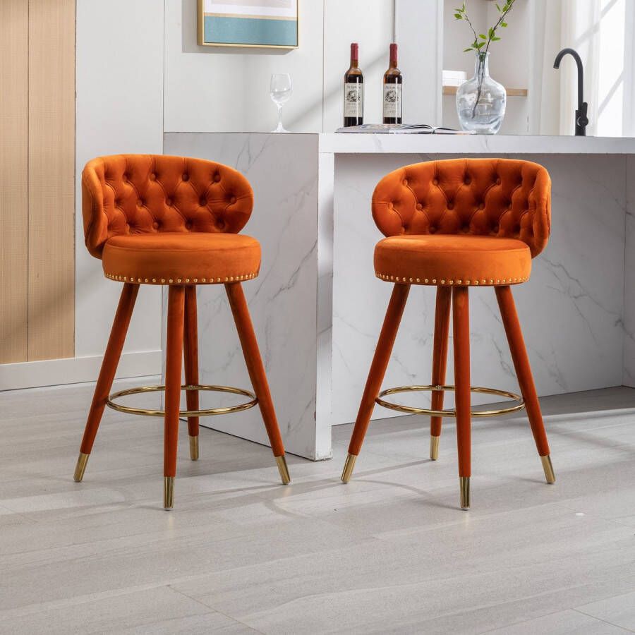 Sweiko 2 sets Fluweel 360° draaiende barkrukken eetkamerstoelen klinknagels ontwerp houten poten huis keukeneiland ontbijtbar restaurant