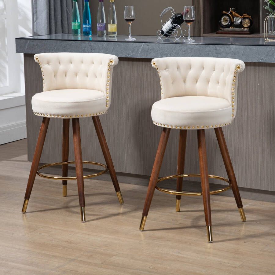 Sweiko 2 sets Fluweel 360° draaiende barkrukken eetkamerstoelen klinknagels ontwerp houten poten huis keukeneiland ontbijtbar restaurant