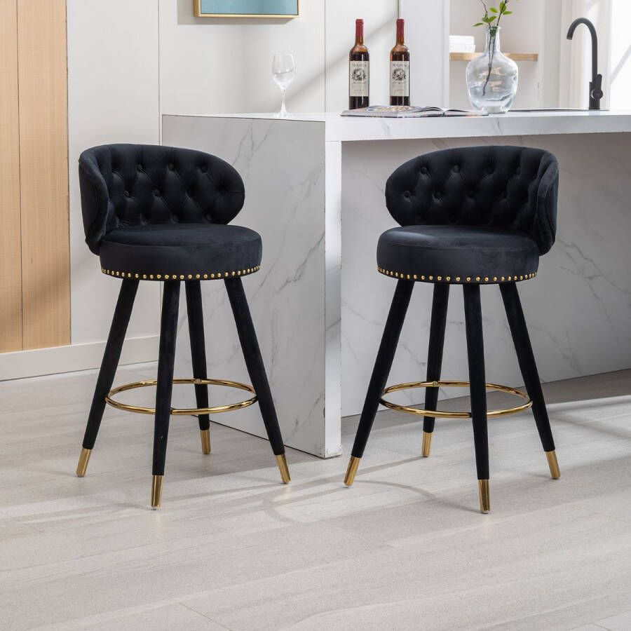 Sweiko 2 sets Fluweel 360° draaiende barkrukken eetkamerstoelen klinknagels ontwerp houten poten huis keukeneiland ontbijtbar restaurant