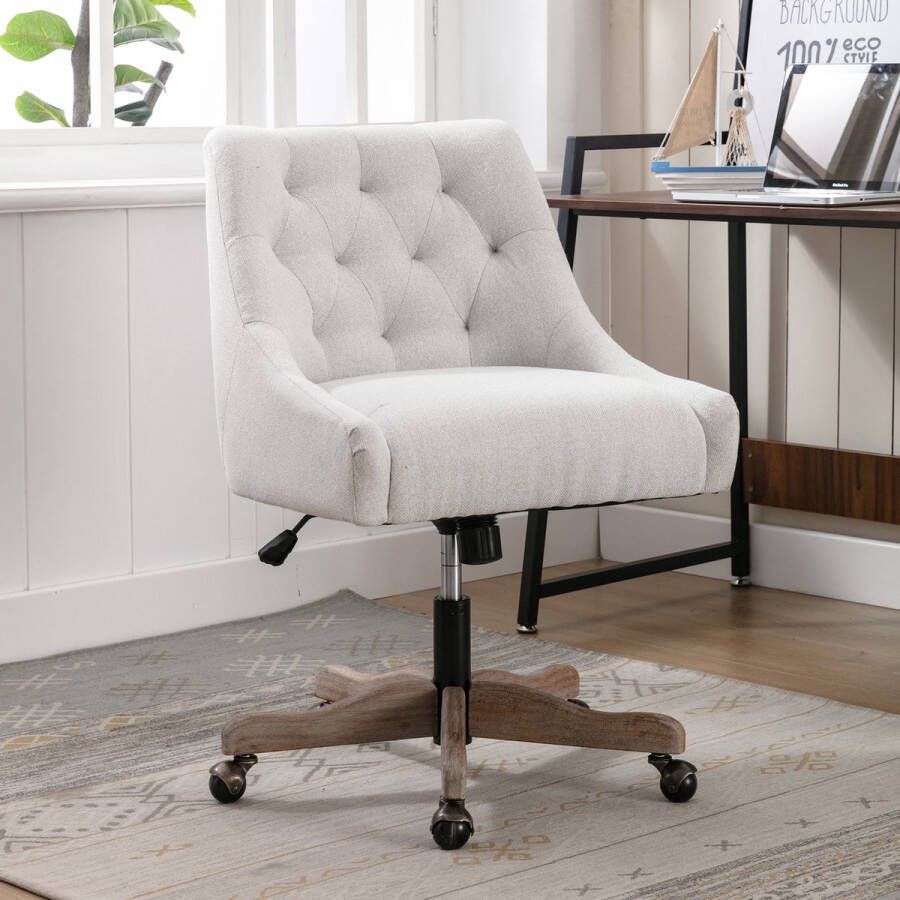 Sweiko 360° draaibare bureaustoel modern stof gewatteerd computerbureau en stoel ergonomisch vormgegeven brede rugleuning en houten poten in hoogte verstelbaar