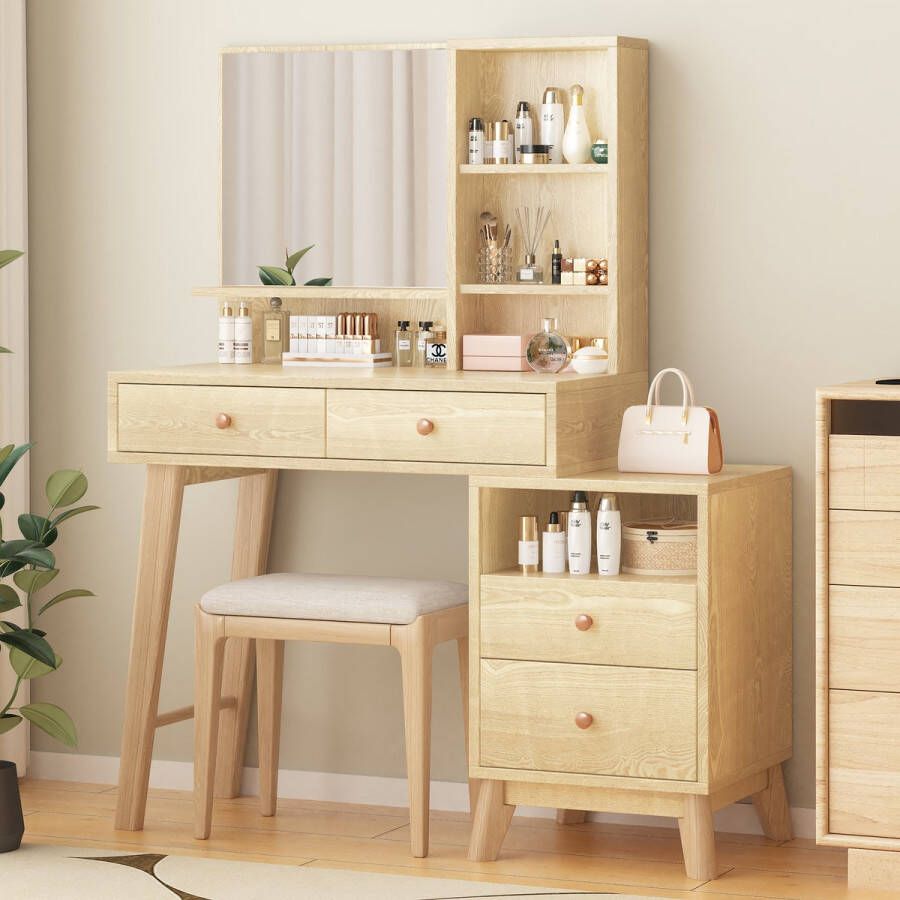 Sweiko Aankleedtafel cosmetische tafel met spiegel kaptafel voor slaapkamer grote opbergruimte met 4-open vakken en 4-grote lades Afmetingen: B105 H130.5 T40 cm (zonder kruk)