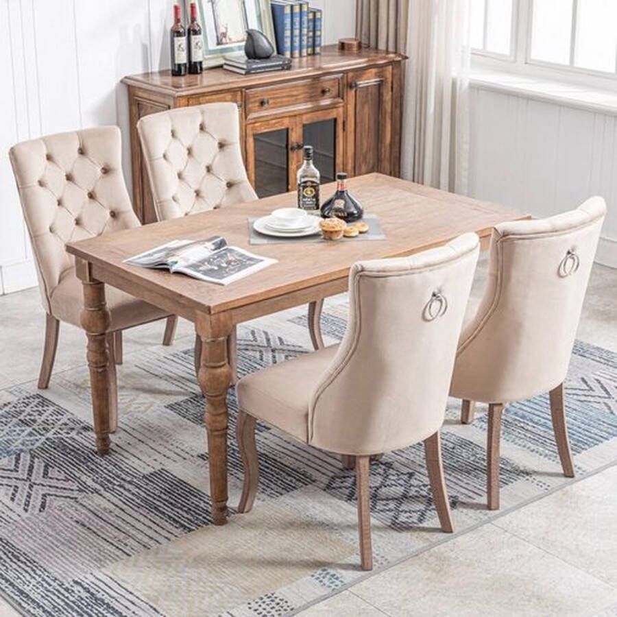 Sweiko Beige Fluweel Hoge Rugleuning Eetkamerstoelen (Set van 4 Solid Wood Frame Knop Quilting Chic Stijl Stabiele Structuur Meerdere gebruiksscenario's Gemakkelijk te bouwen Ergonomische 4-Legged Stoel