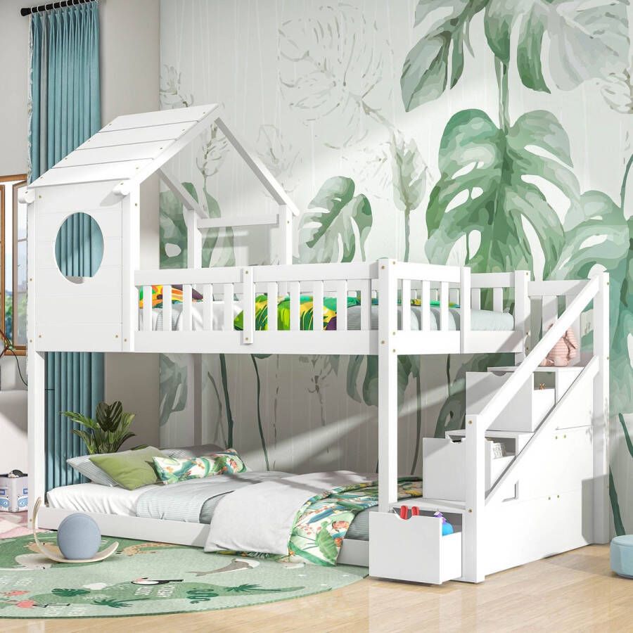 Sweiko Boomhuis kinderbed boven- en onderbedden stapelbed dakvormig kinderbed ladderkast kinderdennenfamiliebed 90 x 200 cm geen matras wit