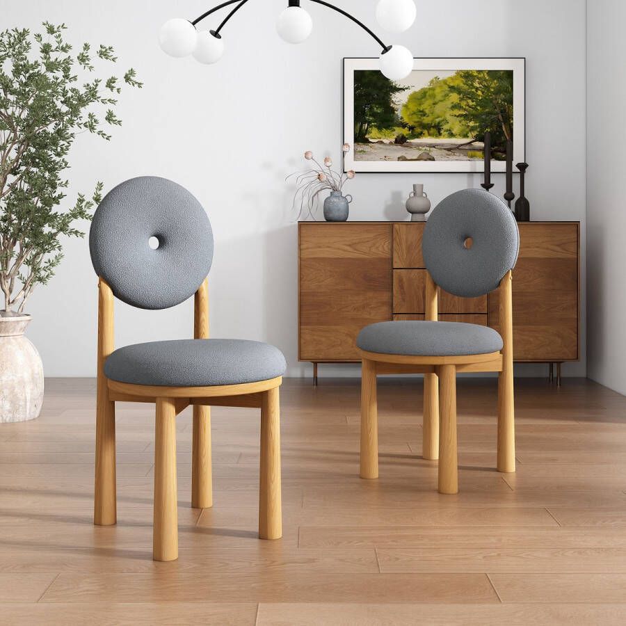 Sweiko Eetkamerstoel 2-delige set Sherpa stof Donut stoel familie eetkamer stoel modern eenvoudig Woonkamer slaapkamer stoel vier rubberen houten poten rond kussen en rugleuning ontwerp grijs