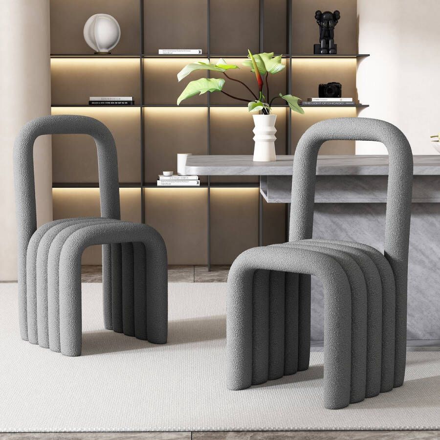 Sweiko Eetkamerstoel 2-delige set Sherpa stof familie eetkamerstoel modern minimalistisch ontwerp woonkamer slaapkamer stoel make-up stoel met rugleuning grijs