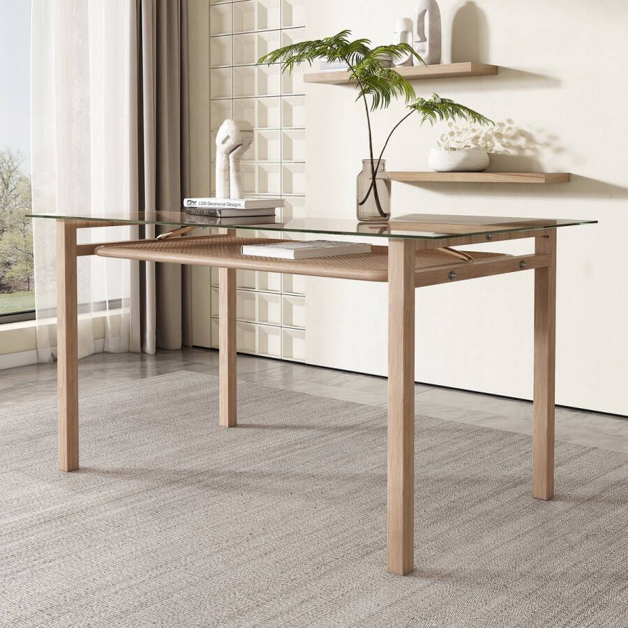 Sweiko Eettafel met opbergruimte 110*65*74 gehard glas blad rotan ontwerp moderne eettafel rechthoekige eettafel koffie vrijetijdstafel moderne eenvoudige eettafel beige