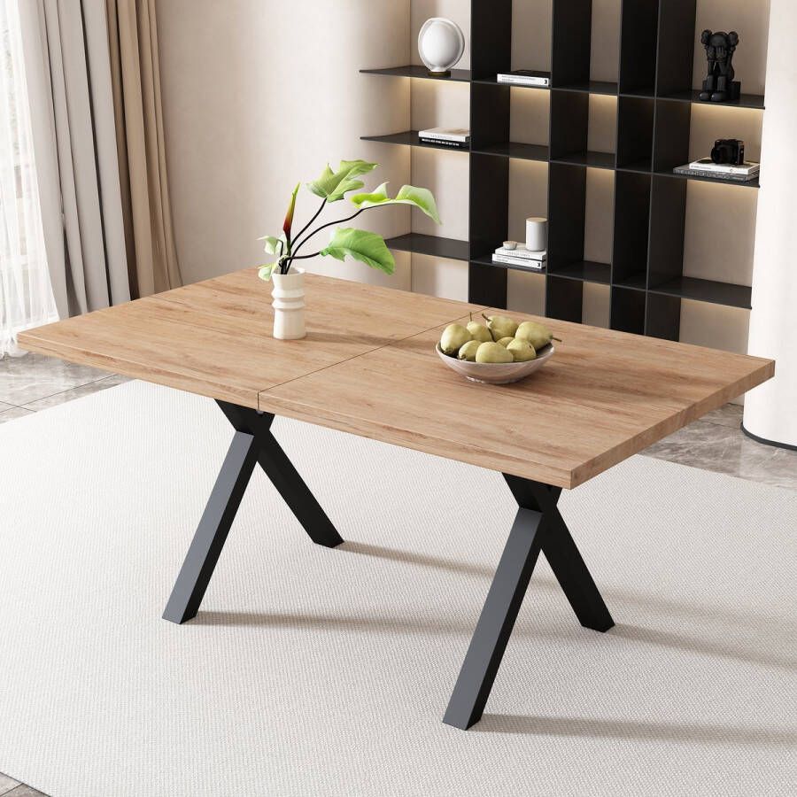 Sweiko Eettafel ontwerp met gekruiste poten rechthoekige eettafel salontafel moderne eenvoudige smeedijzeren eettafel L140*B80*H76cm eiken+zwart