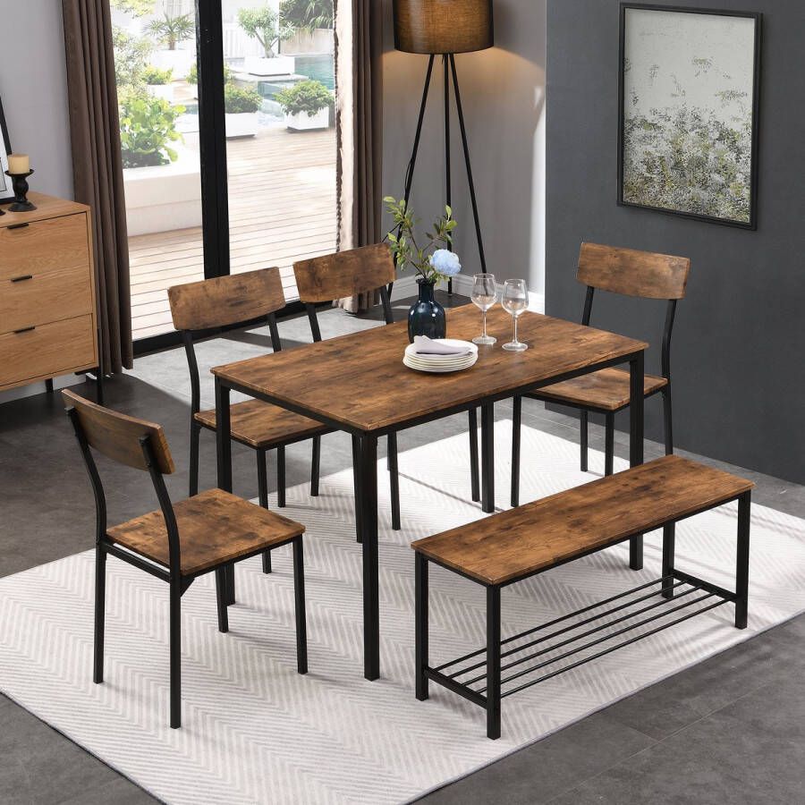 Sweiko Eettafel Stoel en Bank Set 6 Houten Staal Frame Industrie Stijl Keuken Eettafel Set