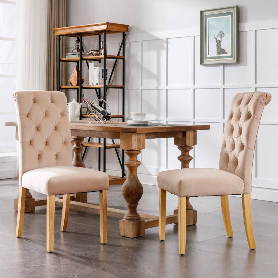 Sweiko Fluweel Eetkamerstoelen 2pcs Set met eiken benen knop chroom Knopper Slaapkamer Stoel Keuken Stoel Woonkamer Lounge Leisure Stoel bruin