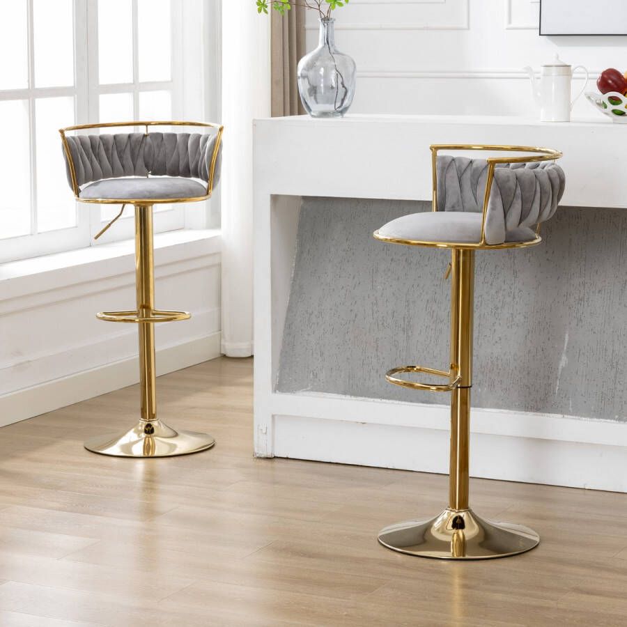 Sweiko Fluwelen eetkamerstoel set van 2 barstoel woonkamer slaapkamer draaistoel loungestoel met rond frame geweven rugleuning grijs