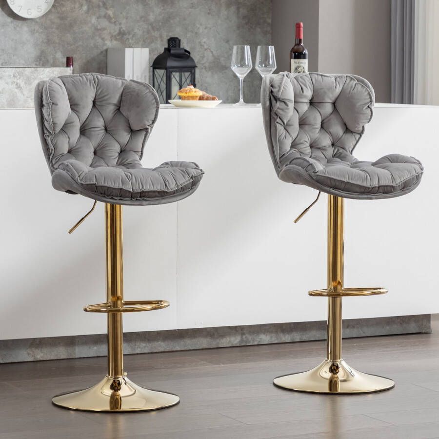 Sweiko Fluwelen eetkamerstoel set van 2 knoopvormige rugleunstoel barstoel woonkamer slaapkamer draaistoel vrijetijdsstoel met rond frame grijs