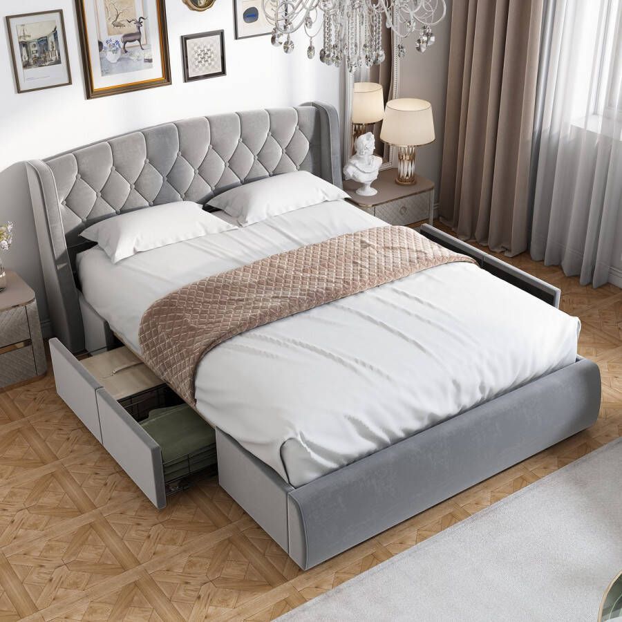 Sweiko Fluwelen gestoffeerd bed Lades gemaakt van stevig gaas Tweepersoonsbed met lattenbod en 4-bed lades 140 x 200 cm zonder matras grijs