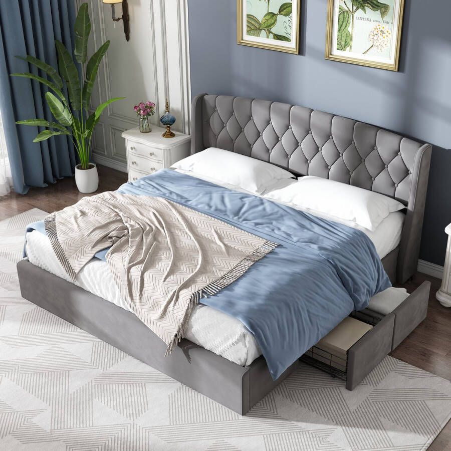 Sweiko Fluwelen gestoffeerd bed Lades gemaakt van stevig gaas Tweepersoonsbed met lattenbod en 4-bed lades 180 x 200 cm zonder matras grijs