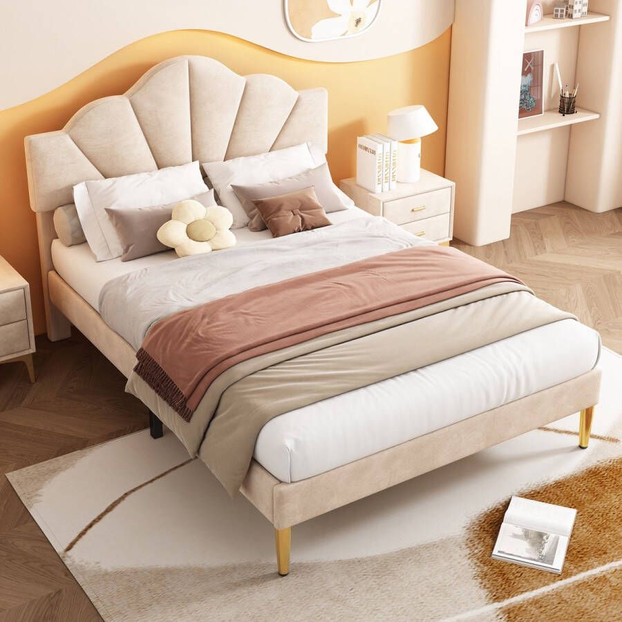 Sweiko Fluwelen kussenbed 140.190cm tweepersoonsbed schelpenbed met gouden ijzeren poten in hoogte verstelbaar hoofdeinde houten Platte noedelsvoet beige