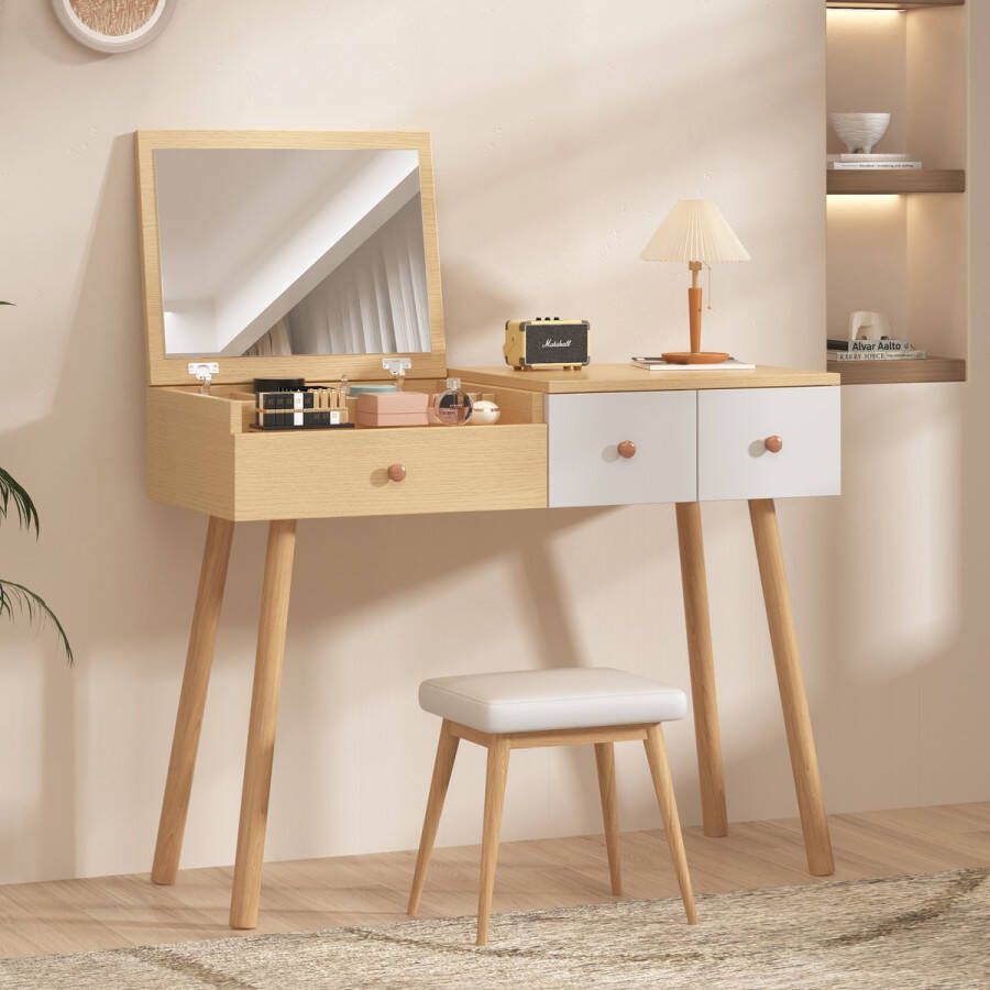 Sweiko Fristafel Cosmetische tafel Met spiegel Houten kaptafel Met lades verdeelde opbergruimte grote opslagcapaciteit Afmetingen: B100 H78 T40 cm (zonder kruk)