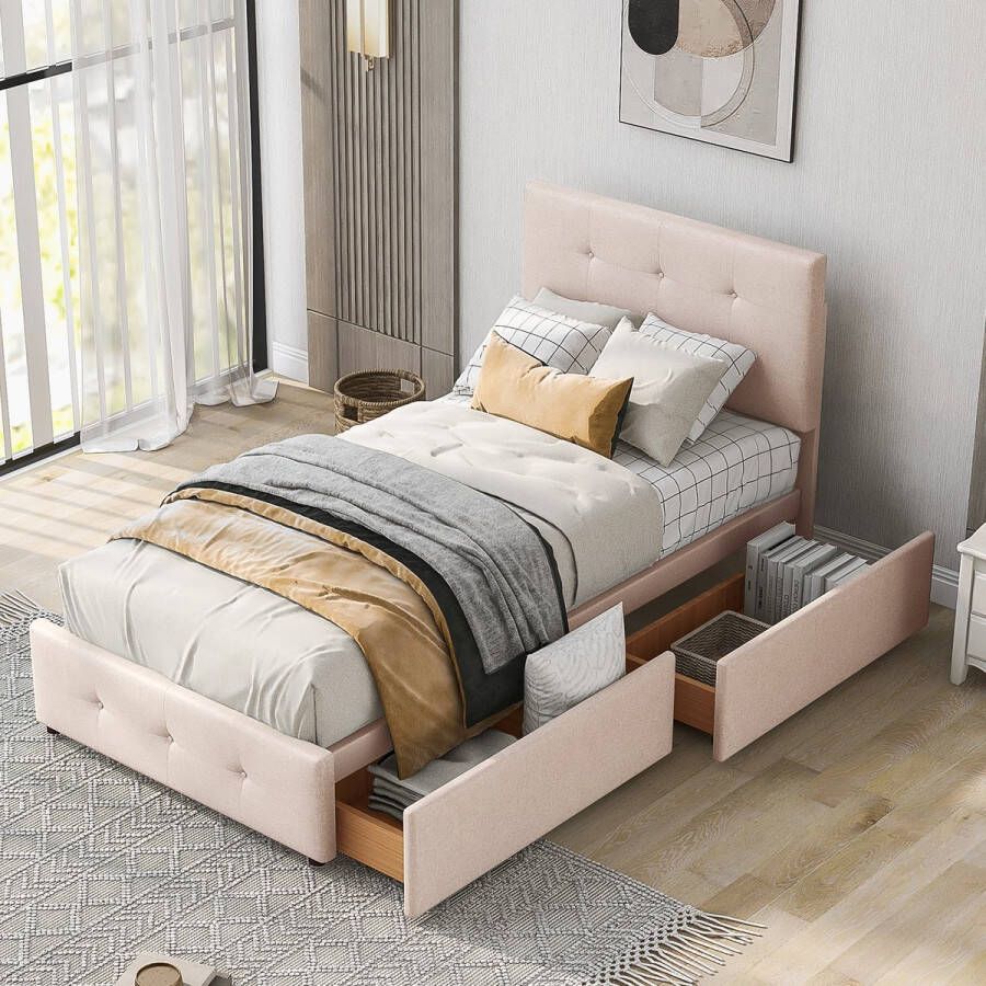 Sweiko Gestoffeerd bed 90 x 200 cm Bed met lattenbod rugleuning en twee lades huidvriendelijke fluwelen stof Beige plat eenpersoonsbed Kinderbed Jeugdbed Gastenbed Donkerbeige