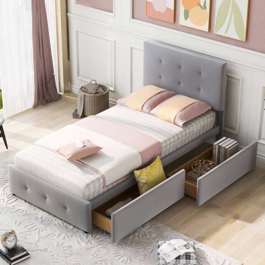 Sweiko Gestoffeerd bed 90 x 200 cm Bed met roosterframe rugleuning en twee lades Eenpersoonsbed Hoogteverstelbaar hoofdbord huidvriendelijk fluwelen stof Grijs plat Kinderbed Jeugdbed Gastenbed zonder matras