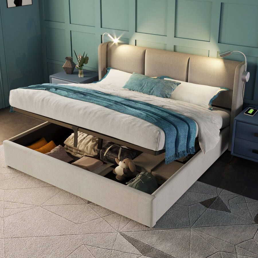 Sweiko Gestoffeerd bed Dubbele opbergbeddoos Leeslampje met USB-oplaadfunctie Hoofdbord Opslagbedden Bedframe van linnen Jeugdbed 140x200 met lattenrost (Zonder matras)