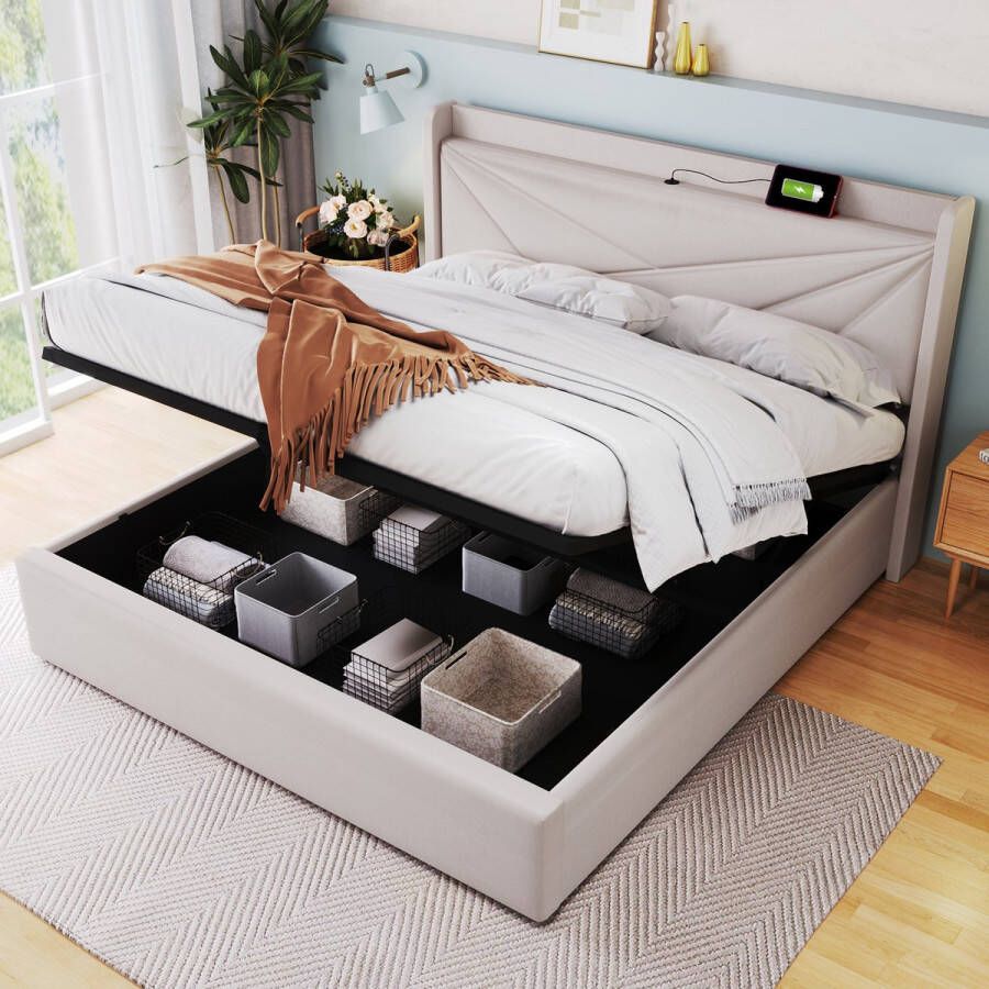 Sweiko Gestoffeerd bed Dubbele opbergbeddoos met USB type C oplaadfunctie Hoofdbord Opslagbedden Linnen materiaal bedframe Jeugdbed 160x200 met lattenrost (Zonder matras)