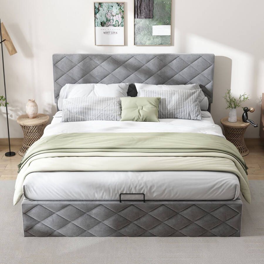 Sweiko Gestoffeerd bed Hydraulisch functioneel bed met lattenbod en opslag 140*200cm Eenvoudig en elegant Grijs - Foto 2