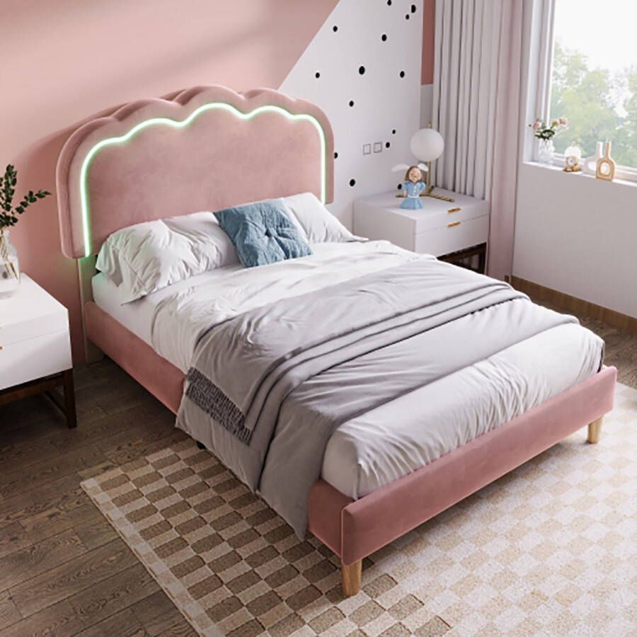 Sweiko gestoffeerd bed LED eenpersoonsbed 90 x 190cm bedombouw met lattenbodem en verstelbaar hoofdeinde gestoffeerd bed in roze bedombouw jeugdbed voor slaapkamer logeerkamer fluweel
