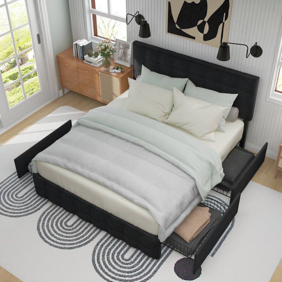 Sweiko Gestoffeerd bed met 4-laden tweepersoonsbed met lattenbod opbergbed in hoogte verstelbaar hoofdeinde vierkant naaiontwerp metalen lattensteun Linnenmateriaal (140*200 cm Zwart)