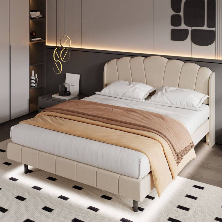 Sweiko Gestoffeerd bed met bewegingsgevoelige LED-verlichting onder het hoofdeinde bed- en voetlichtstrips 160*200cm matras niet inbegrepen fluweel beige