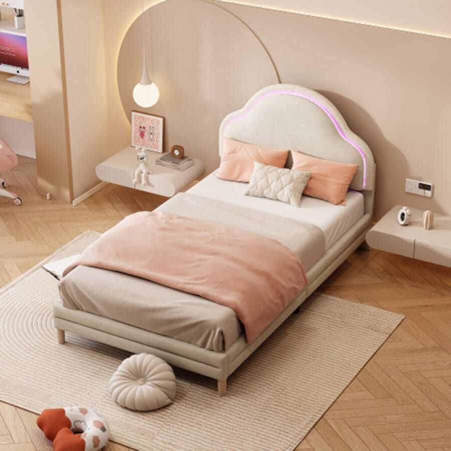 Sweiko gestoffeerd bed met wolkvormig hoofdeinde met veelkleurige afwisselende LED-strips kinderbed met houten lattenbodem eenpersoonsbed fluweel beige 90x200cm