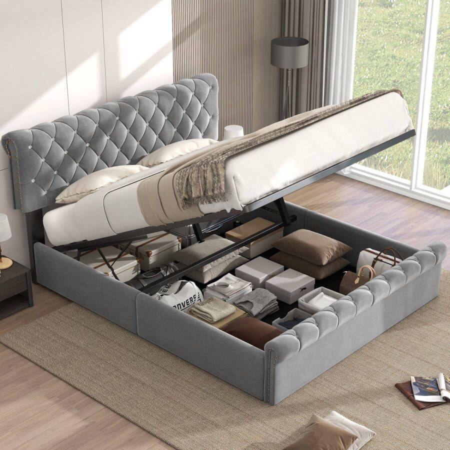 Sweiko Gestoffeerd bed tweepersoonsbed hydraulisch functioneel bed fluweel continentaal bed kristal gesp in hoogte verstelbaar hoofdeinde 140 x 190 grijs