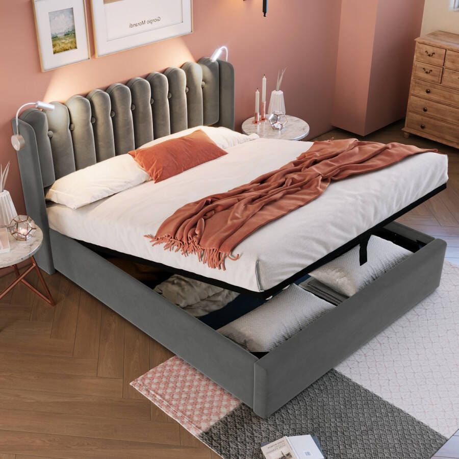 Sweiko Gestoffeerd bed Tweepersoonsbed Leeslampje met oplaadfunctie Hoofdbord Opbergruimte Bedframe Velvet Jeugdbed 160x200 met lattenrost Grijs (Zonder matras)