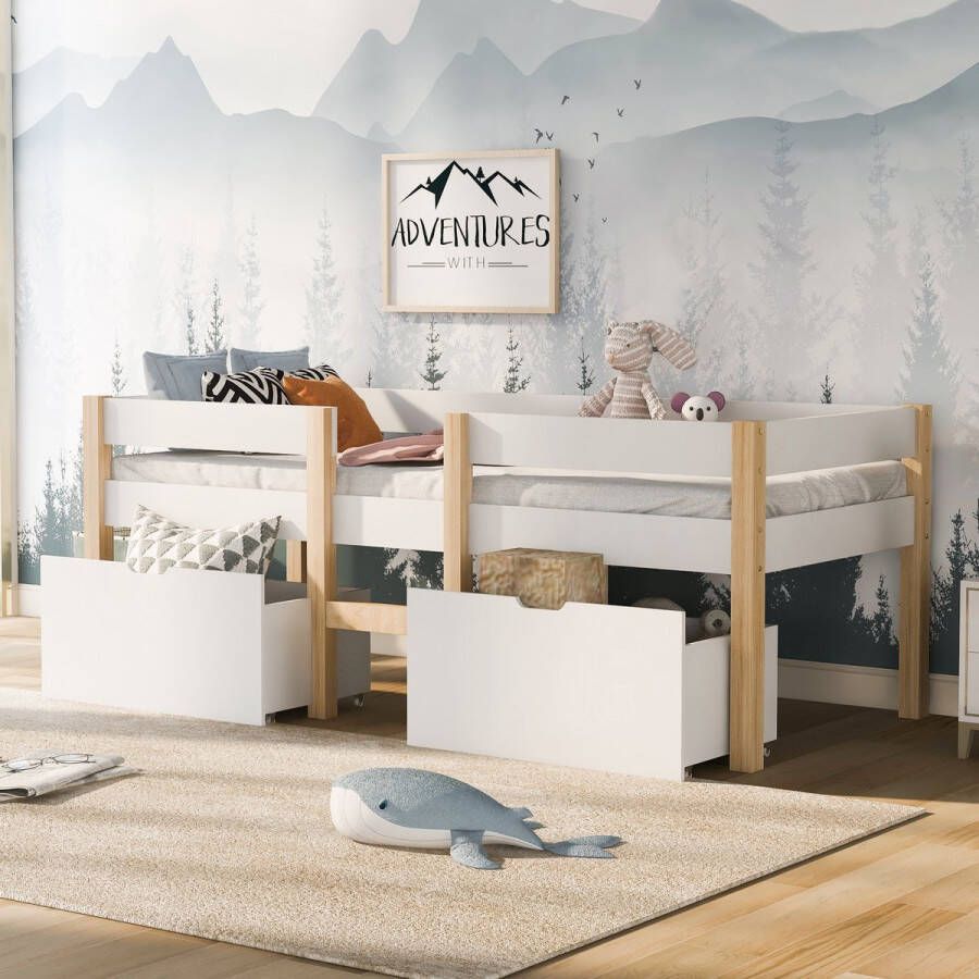 Sweiko Half hoogte kinderbed met lades en valbescherming massief dennenhout 90x190cm Wit eikenhout