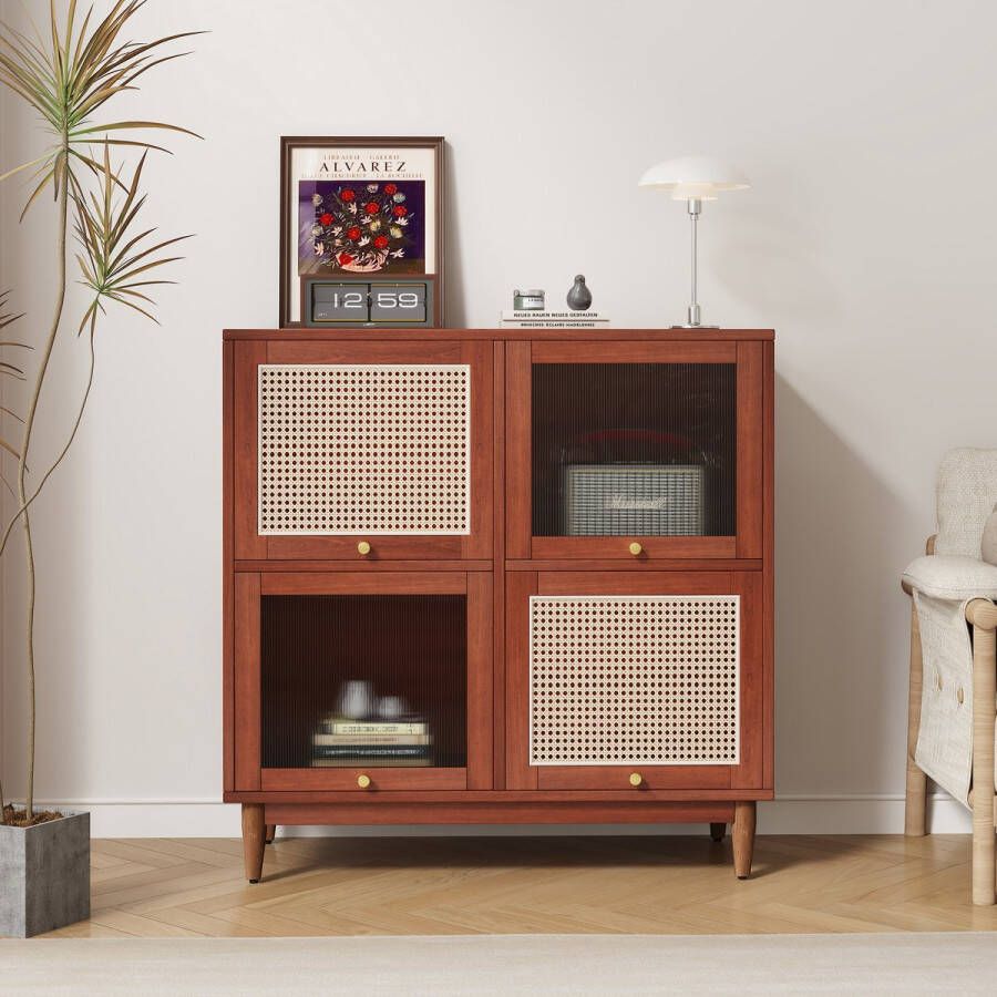 Sweiko Hoge kwaliteit walnootkleurige opbergkast (93 cm) rotan en transparante acryl deuren dressoir vierkante kast eetkamer kast stijlvolle opbergoplossingen