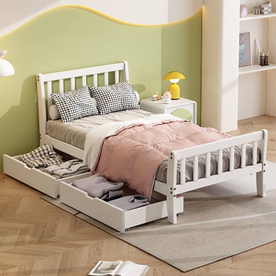 Sweiko houten bed eenpersoonsbed jeugdbed hoogslaper bed voor volwassenen met laden voor opslag grenenhouten frame wit (90x200cm)