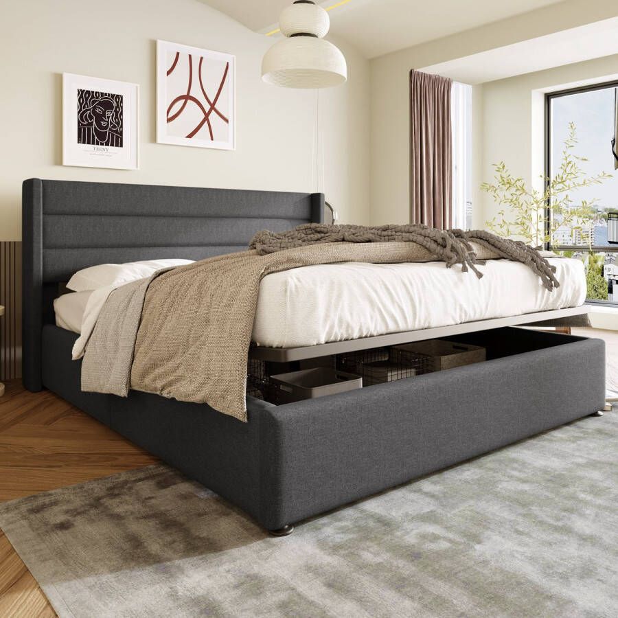 Sweiko Hydraulisch tweepersoonsbed 160x200cm houten lattenbod bed met metalen frame lattenbod Llinnen Grijs