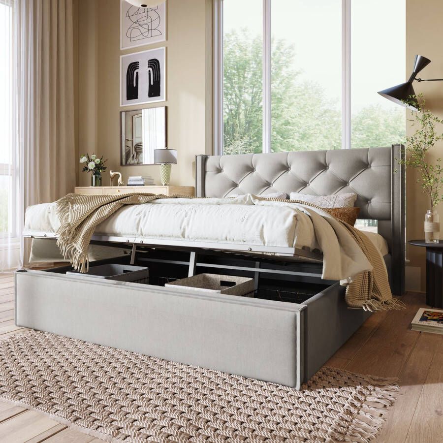 Sweiko Hydraulisch tweepersoonsbed gestoffeerd bed 160x200cm Bed met metalen frame lattenboden Modern bedframe met opbergruimte Katoen Lichtgrijs