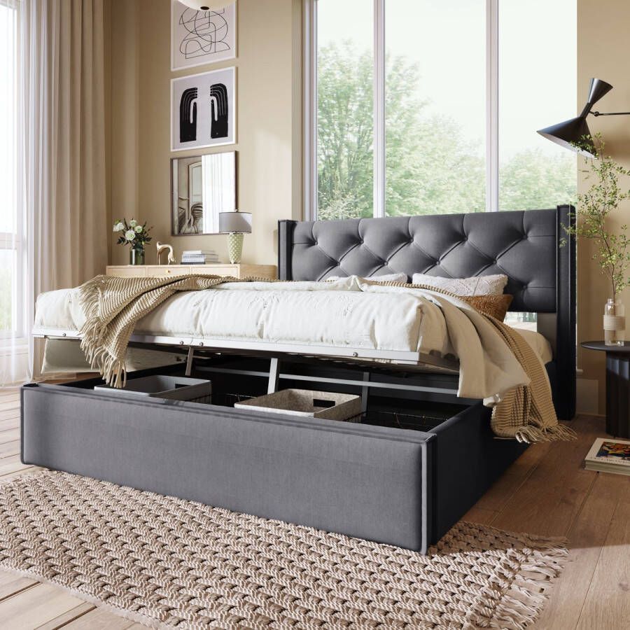 Sweiko Hydraulisch tweepersoonsbed gestoffeerd bed 160x200cm Bed met metalen frame lattenboden Modern bed frame met opbergruimte Katoen Grijs