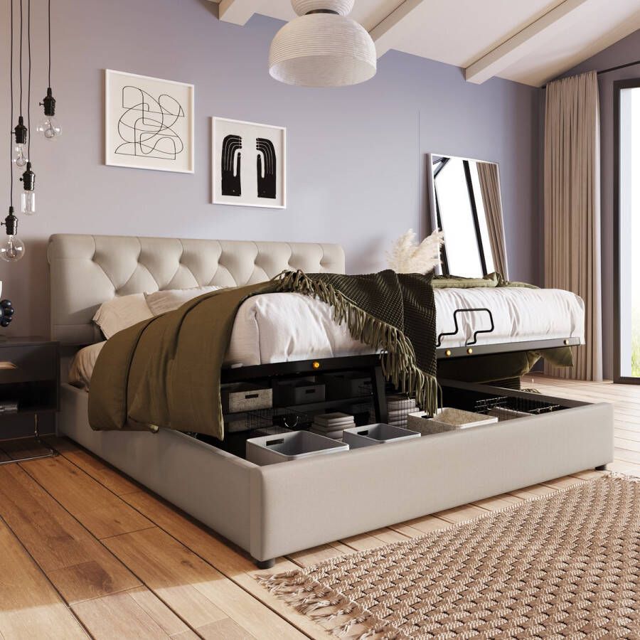Sweiko Hydraulisch tweepersoonsbed gestoffeerd bed 160x200cm Verstelbaar hoofdeinde Bed met metalen frame lattenboden Modern bedframe met opbergruimte Beige