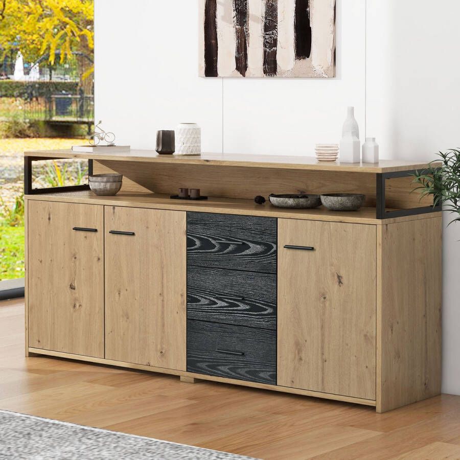 Sweiko Industrieel Sideboard met Drie Deuren en Drie Ladenkast Keukenkast Multifunctioneel Kabinet Opslagkast Highboard met Metalen Handgrepen voor Slaapkamer Woonkamers Kantoor 150*35*75.9cm