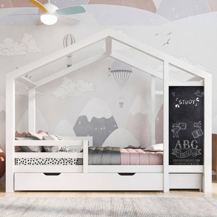 Sweiko Kinderbed 90 x 200 cm houten bed met schoolbord en 2 lades massief hout met hek en lattenbod wit (zonder matras)