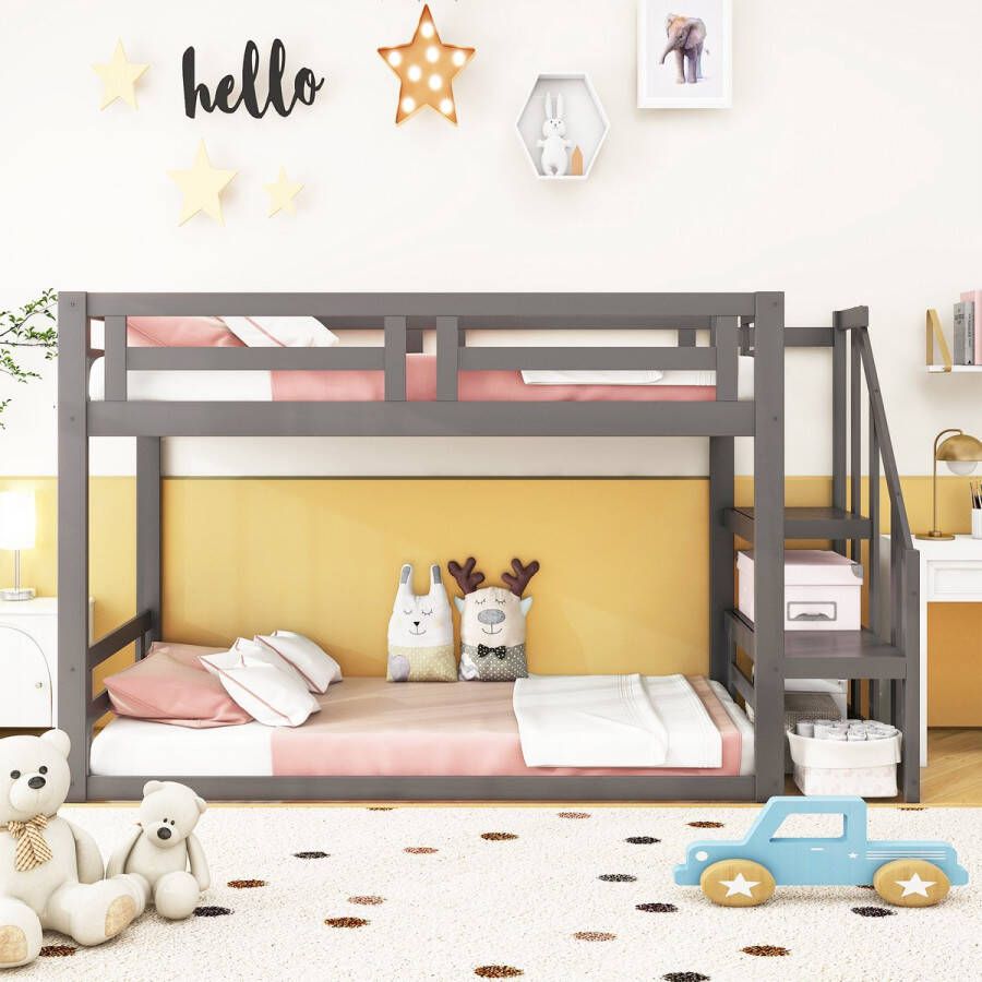Sweiko Kinderbed 90*200cm Laag stapelbed met veiligheidstrap Massief houten stapelbed frame met lattenbod Grijs