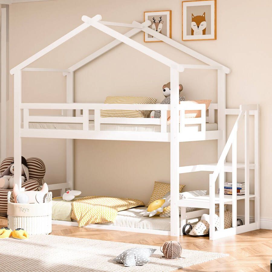 Sweiko Kinderbed 90*200cm Laag stapelbed met veiligheidstrap massief houten stapelbedframe met lattenbod Wit