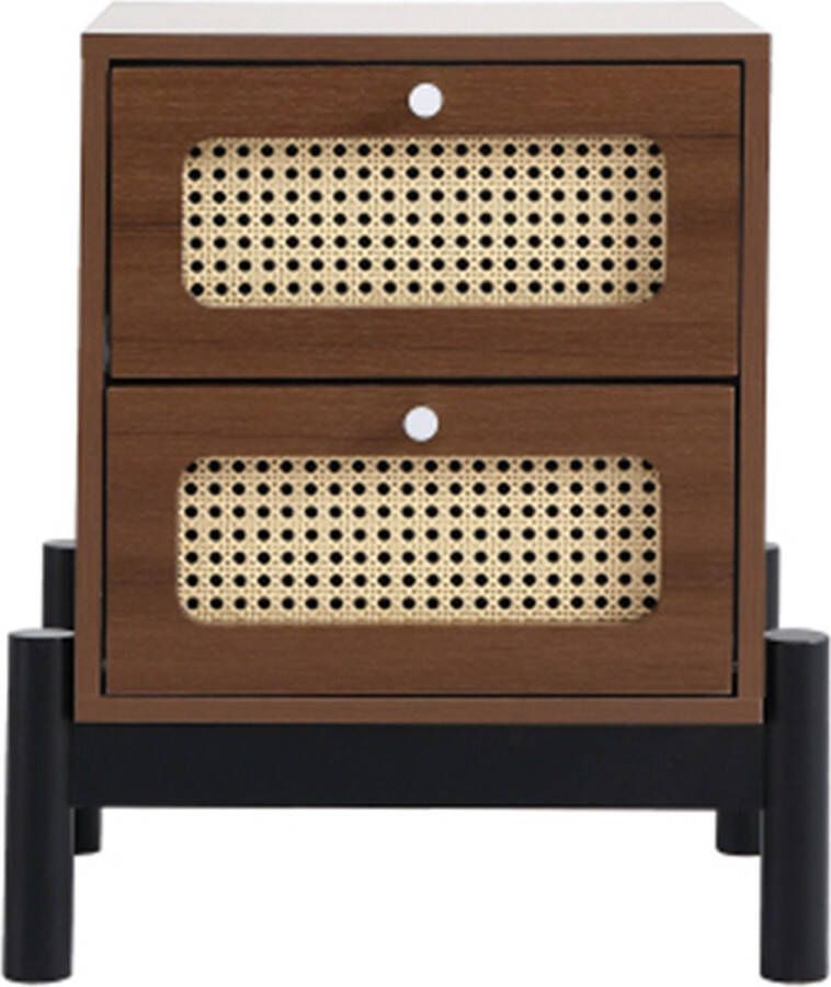 Sweiko klassiek nachtkastje met 2 laden met rotan ladeblad met ronde zilver metalen knoppen en zwarte pootstellen opbergruimte in de woon- en slaapkamer grenen MDF PVC rotan walvis