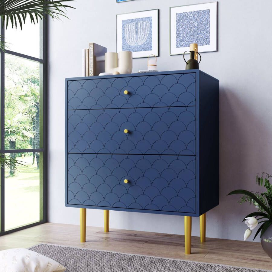 Sweiko Lade commode met 3-laden FSC Gecertificeerd Sideboard Highboard voor Slaapkamer Alle Woonkamers Marineblauw H89 B75 T40 cm