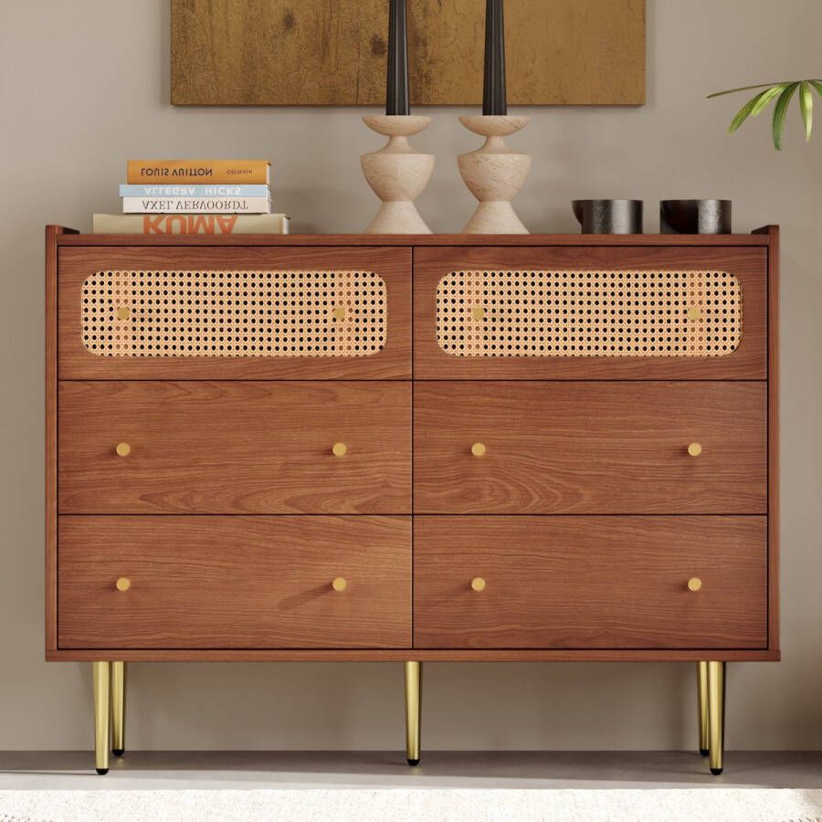 Sweiko Lade commode met 6 lades rotan dressoir highboard voor slaapkamer alle woonruimtes walnoot -H90 B120 T40 cm