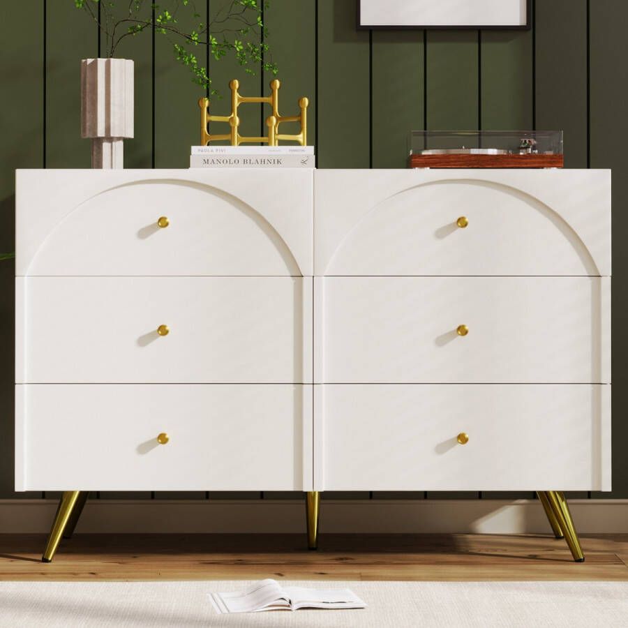 Sweiko Ladekast met 6-laden Wit dressoir highboard voor slaapkamer alle woonruimtes Crèmewit -H85 B120 T40 cm