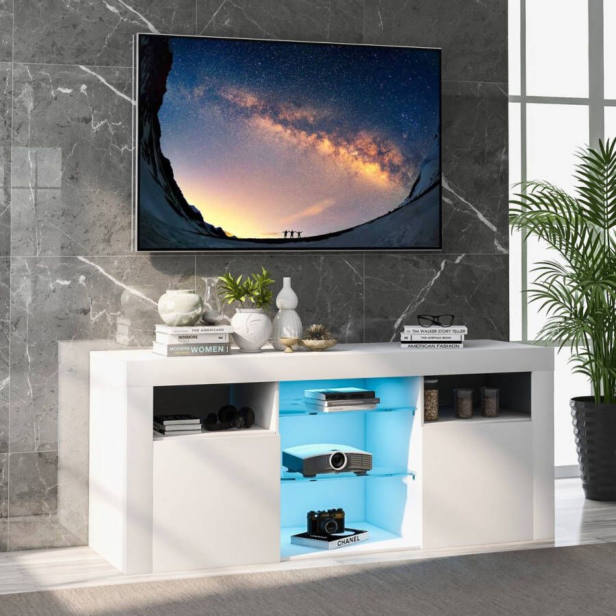 Sweiko LED TV kast TV tafel TV stand met 2 kasten met deuren en 5-open planken 16-kleur LED verlichting TV meubels voor tot 55-inch TV Wit 120*35*50cm