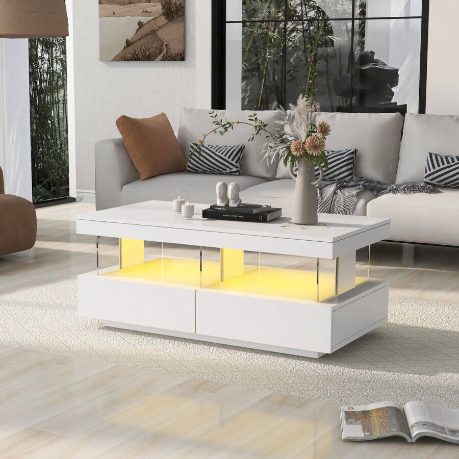 Sweiko LED verlichte salontafel bijzettafel moderne hoogglans tafel duurzaam krasbestendig glad tafelblad 100*60*49.5cm