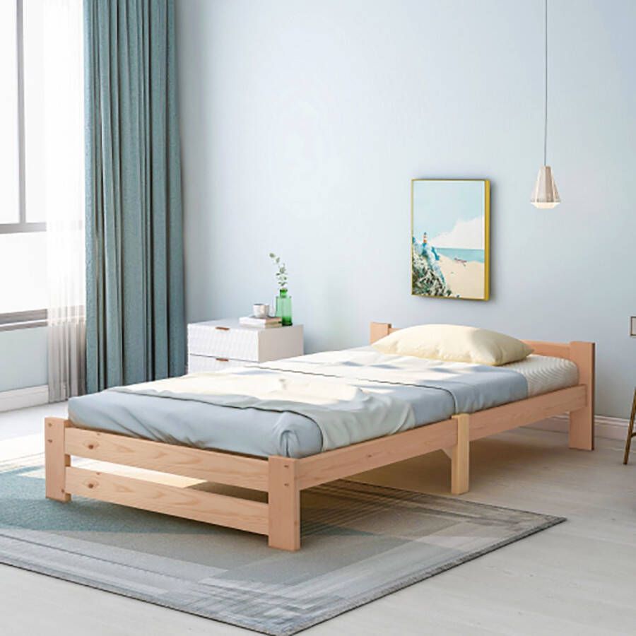 Sweiko massief houten bed futonbed massief hout naturel bed met hoofdbord en lattenbodem naturel (200x90cm)
