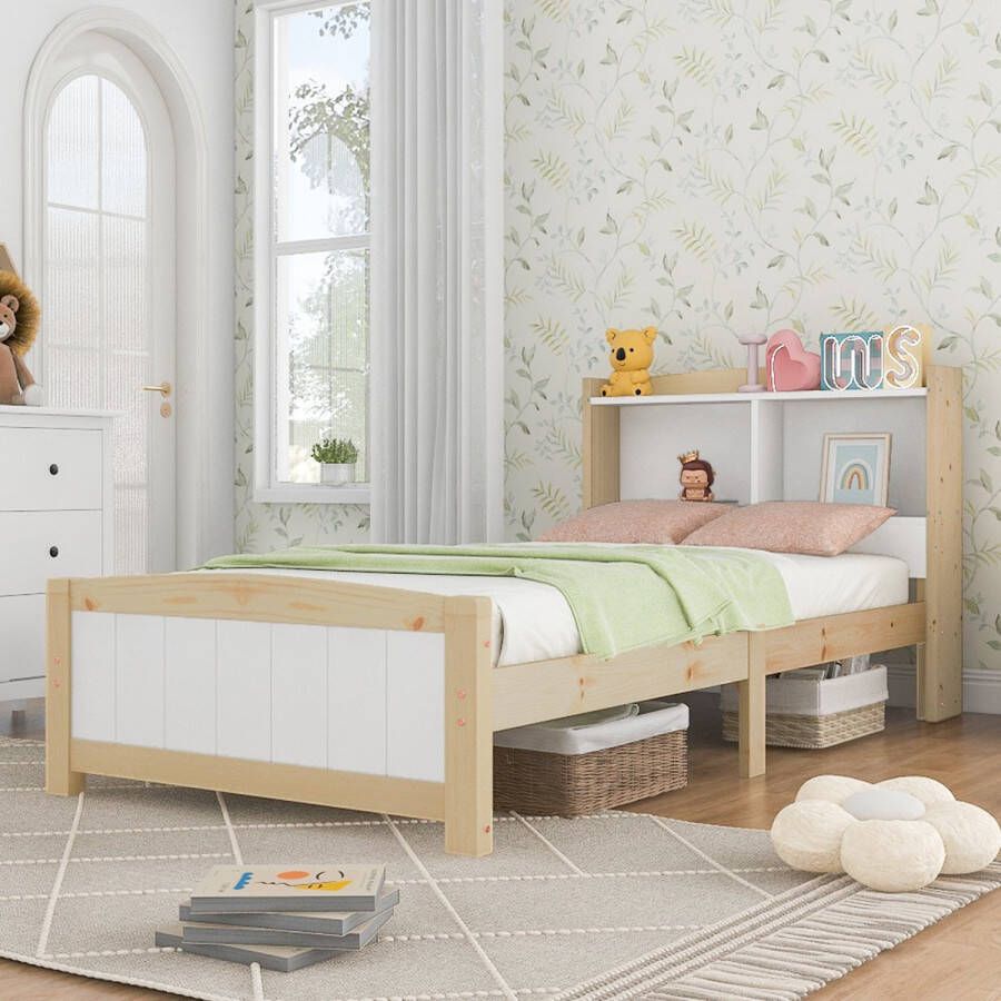 Sweiko Massief houten eenpersoonsbed Opslag hoofdbord Bed 90 x 200 cm Bed frame met lattenbod Houten bed met hoofdbord Kinderbed Jeugdbed Pine massief Natuurlijk en Wit (Zonder matras en lades)